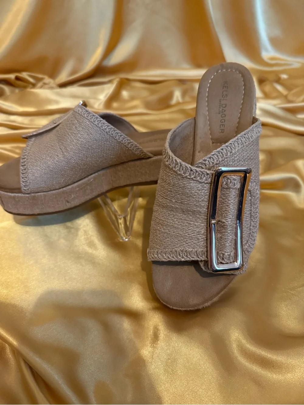 Kelsi Dagger Taupe Slide Mules with Oversized Silver Buckle